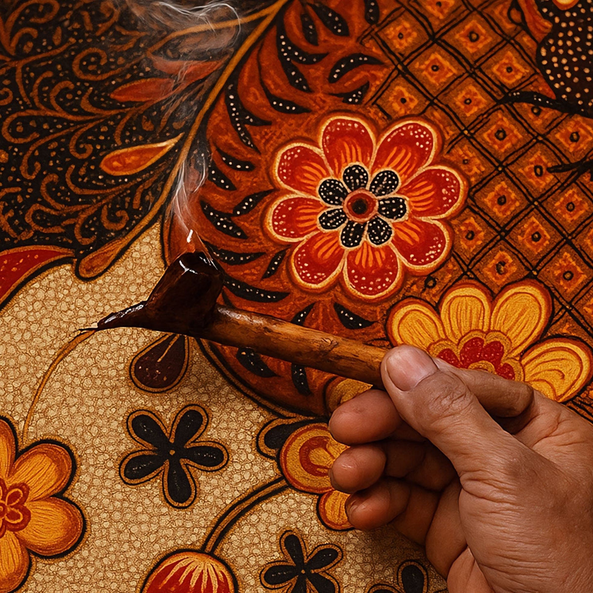 Hand holding a brush over a floral patterned fabric with intricate designs.