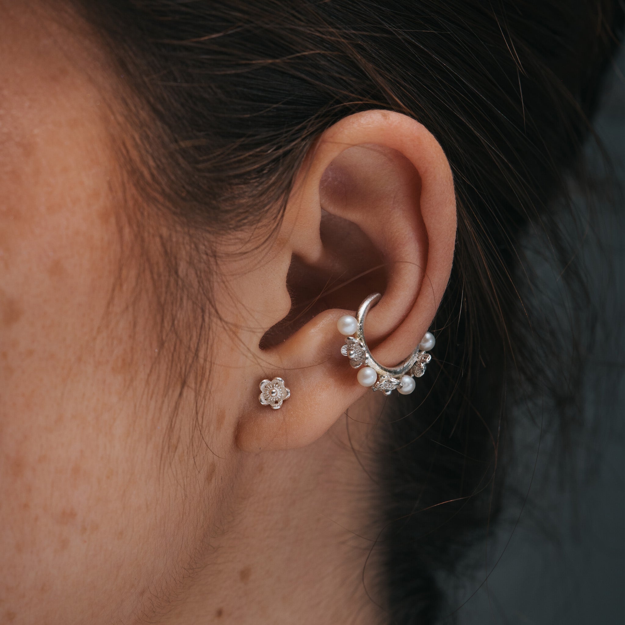 Achillea Filigree Micro Ear Studs in Sterling Silver