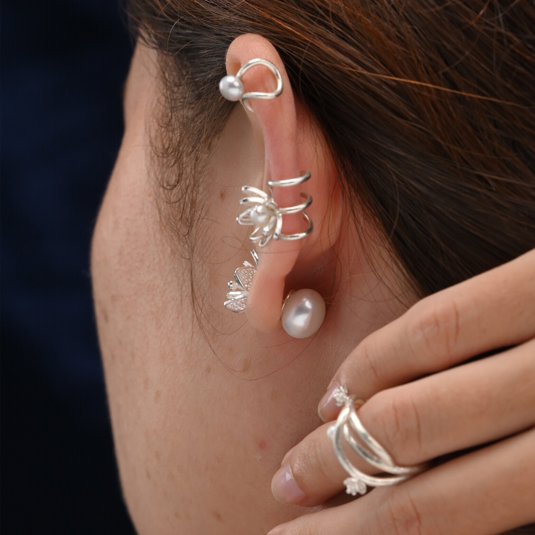 Jasminum Filigree Ear Studs with Pearl Backings in Sterling Silver
