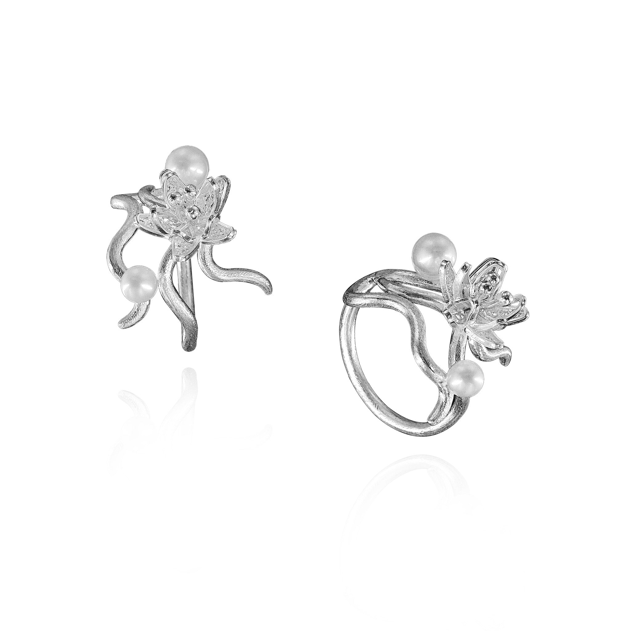 Jasminum Filigree Branch Ring in Sterling Silver with Pearl