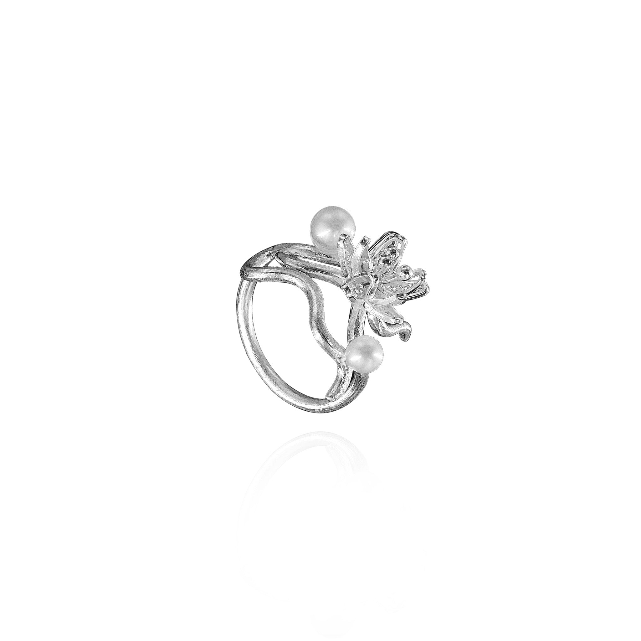 Jasminum Filigree Branch Ring in Sterling Silver with Pearl