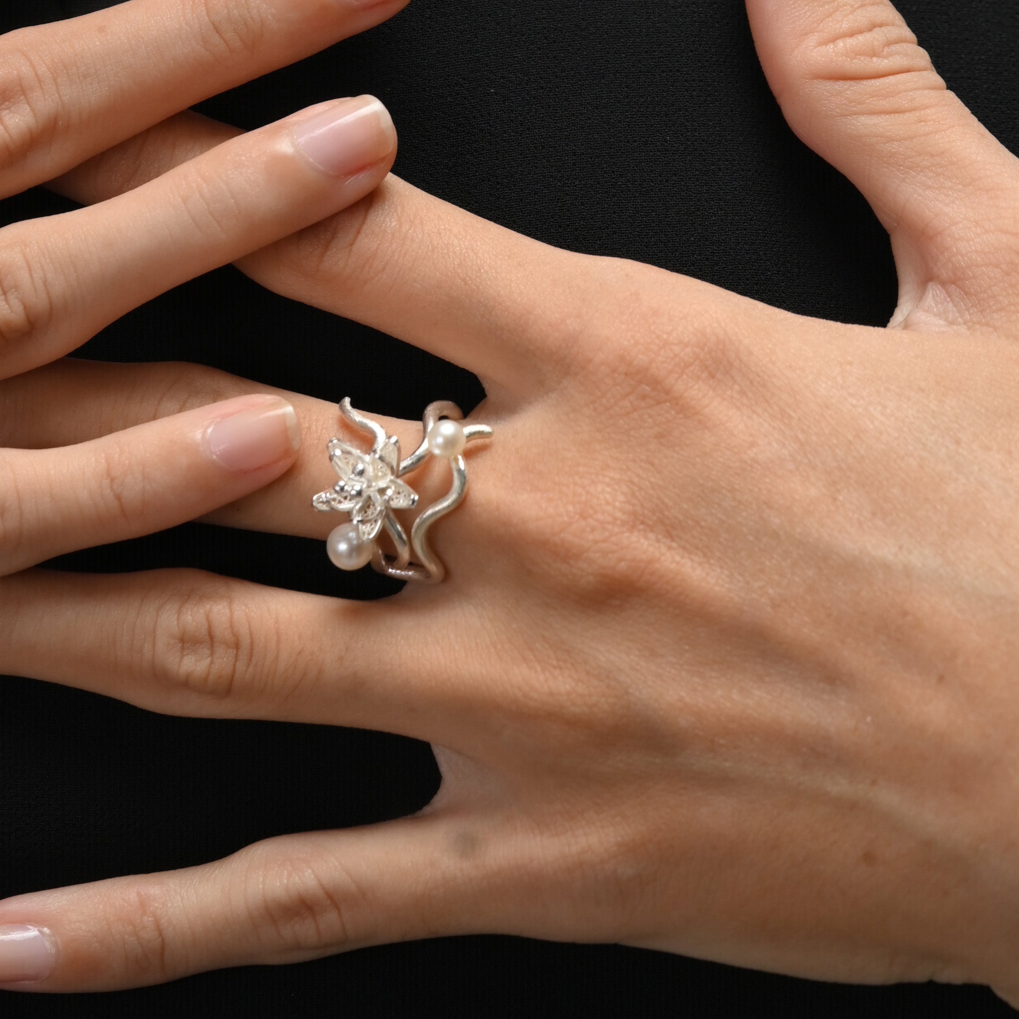 Jasminum Filigree Branch Ring in Sterling Silver with Pearl