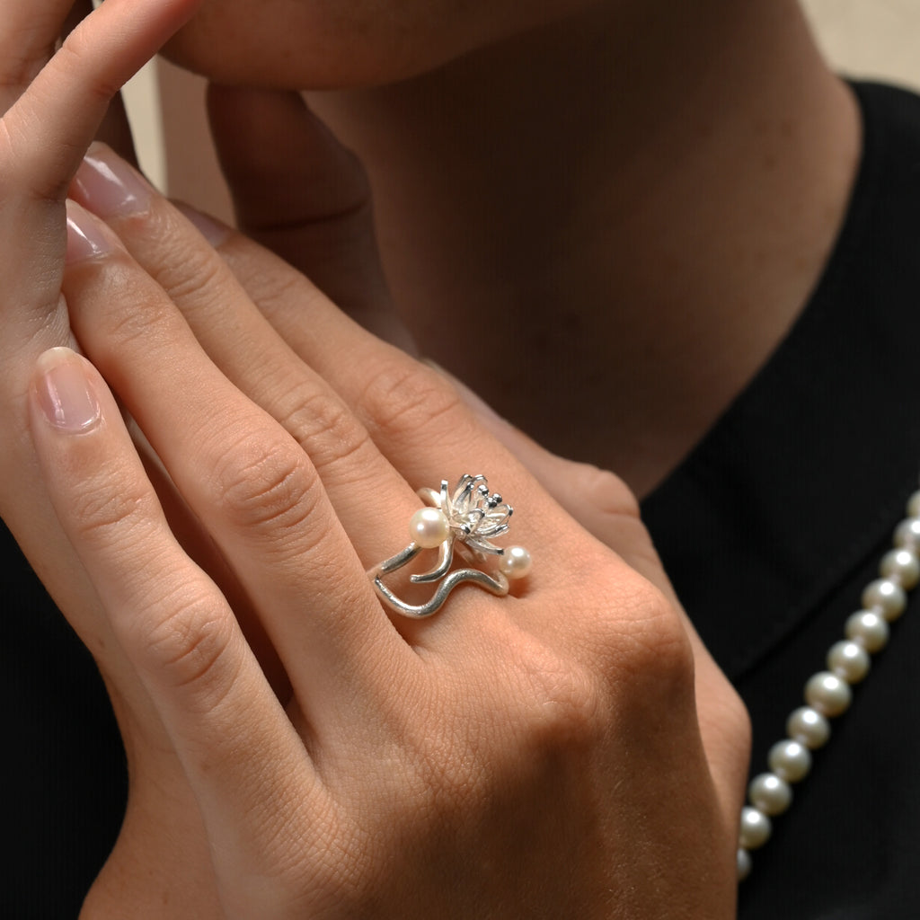 Jasminum Filigree Branch Ring in Sterling Silver with Pearl