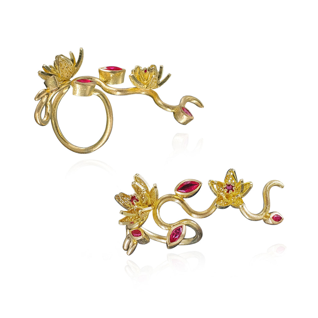Jasminum Filigree Wrap Ring in 18k Gold with Ruby