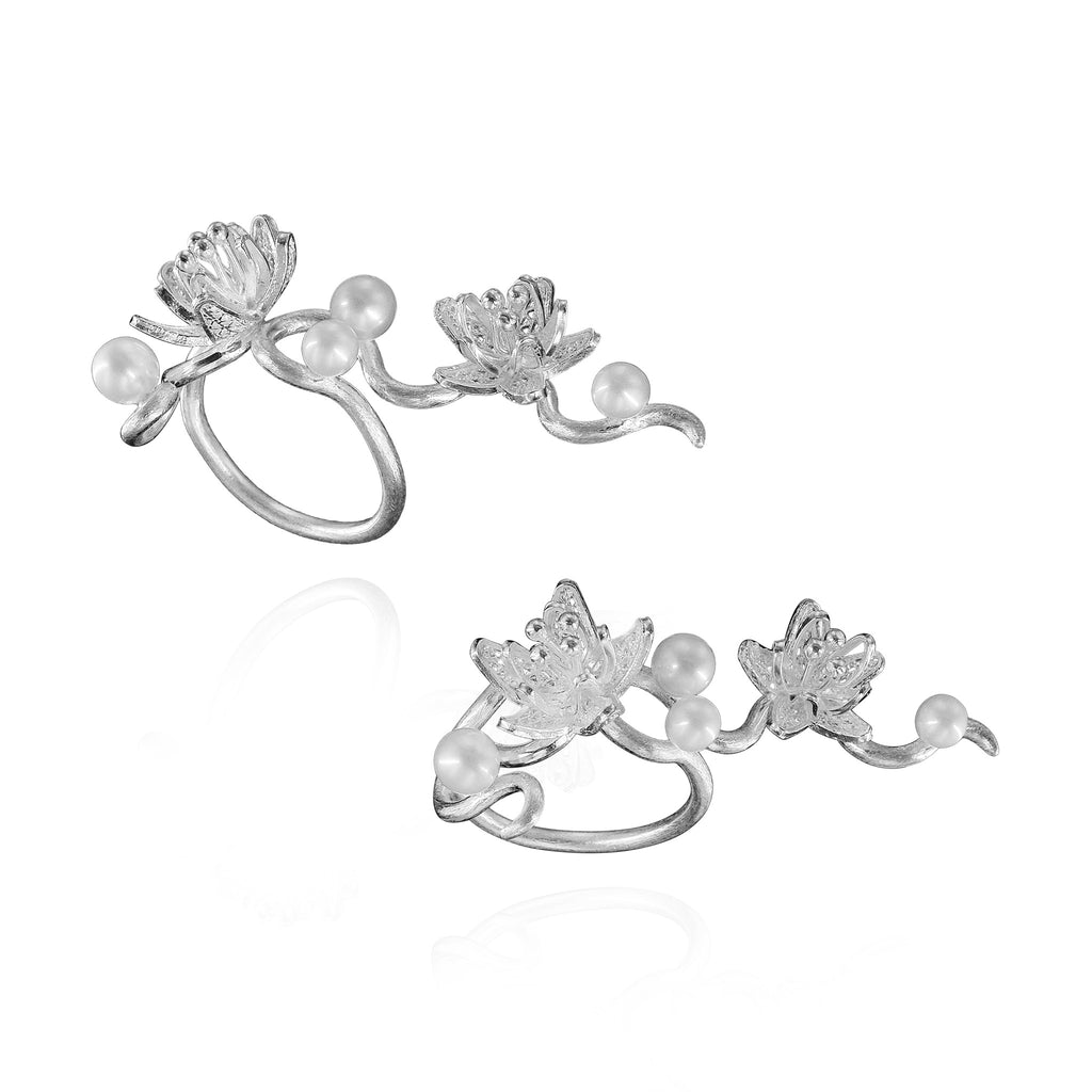 Jasminum Filigree Wrap Ring in Sterling Silver with Pearl