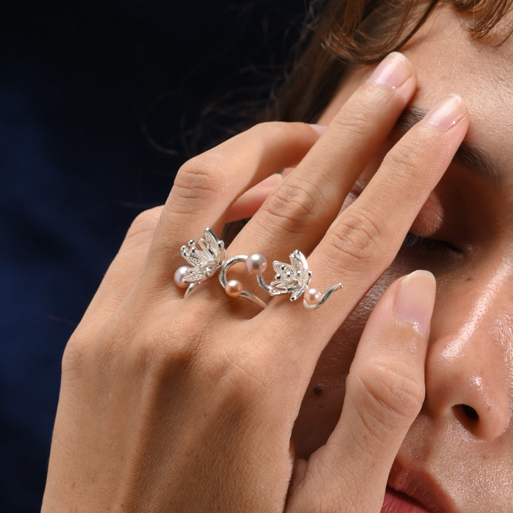 Jasminum Filigree Wrap Ring in Sterling Silver with Pearl