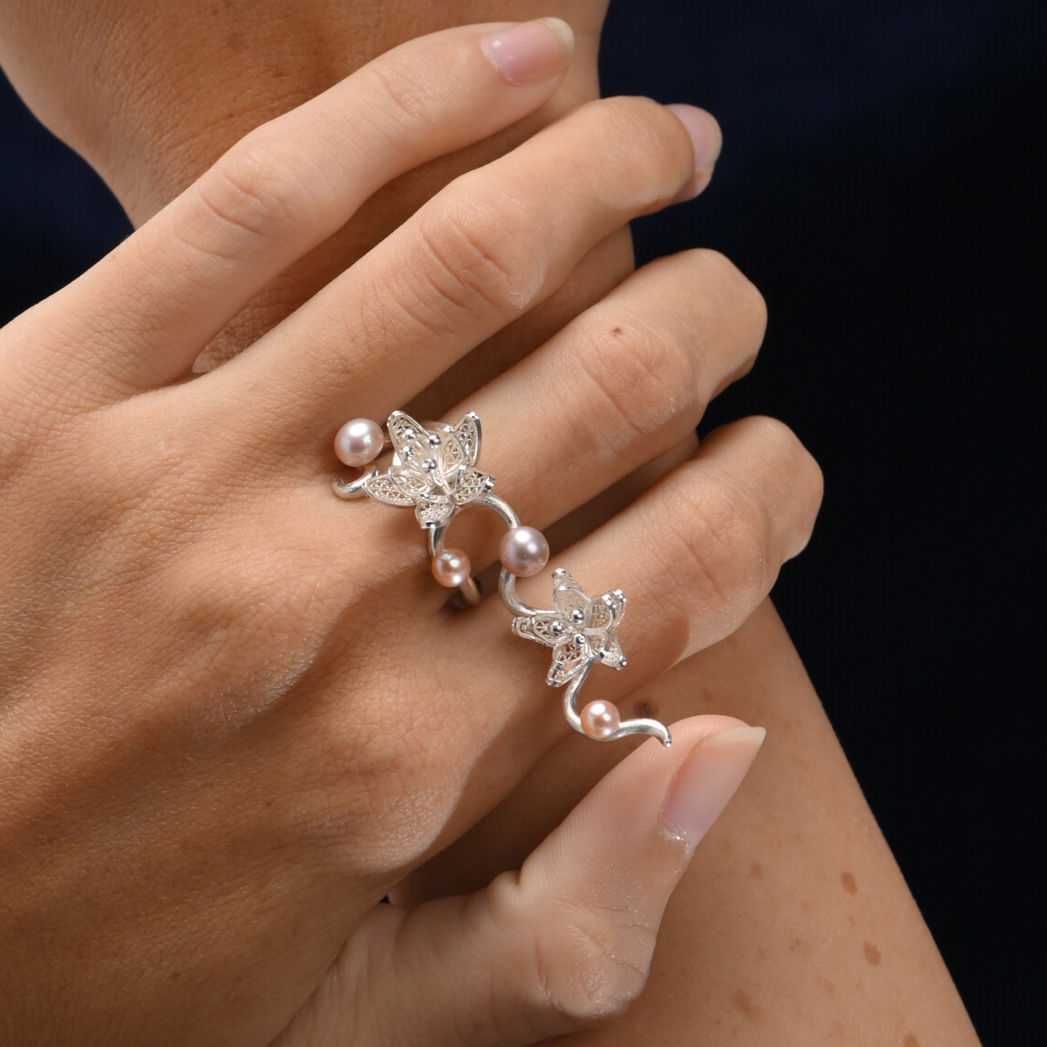 Jasminum Filigree Wrap Ring in Sterling Silver with Pearl