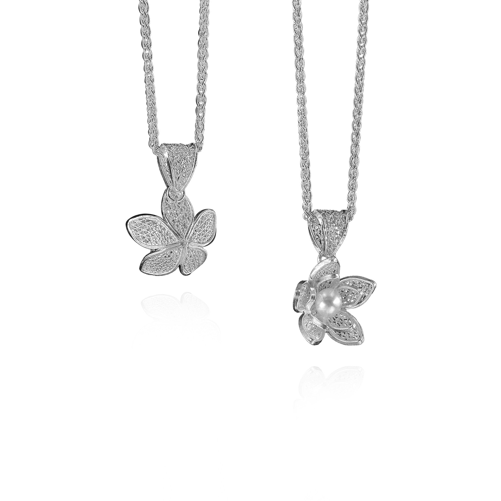 Jasminum Filigree Flower Charm Necklace in Sterling Silver with Pearl