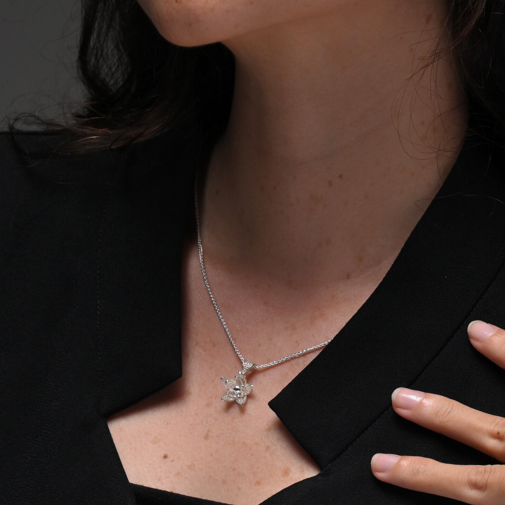 Jasminum Filigree Flower Charm Necklace in Sterling Silver with Pearl