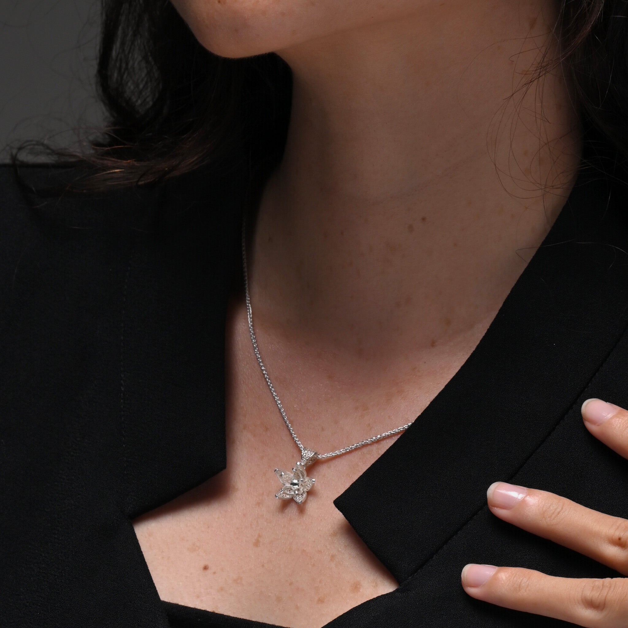 Jasminum Filigree Flower Charm Necklace in Sterling Silver with Pearl