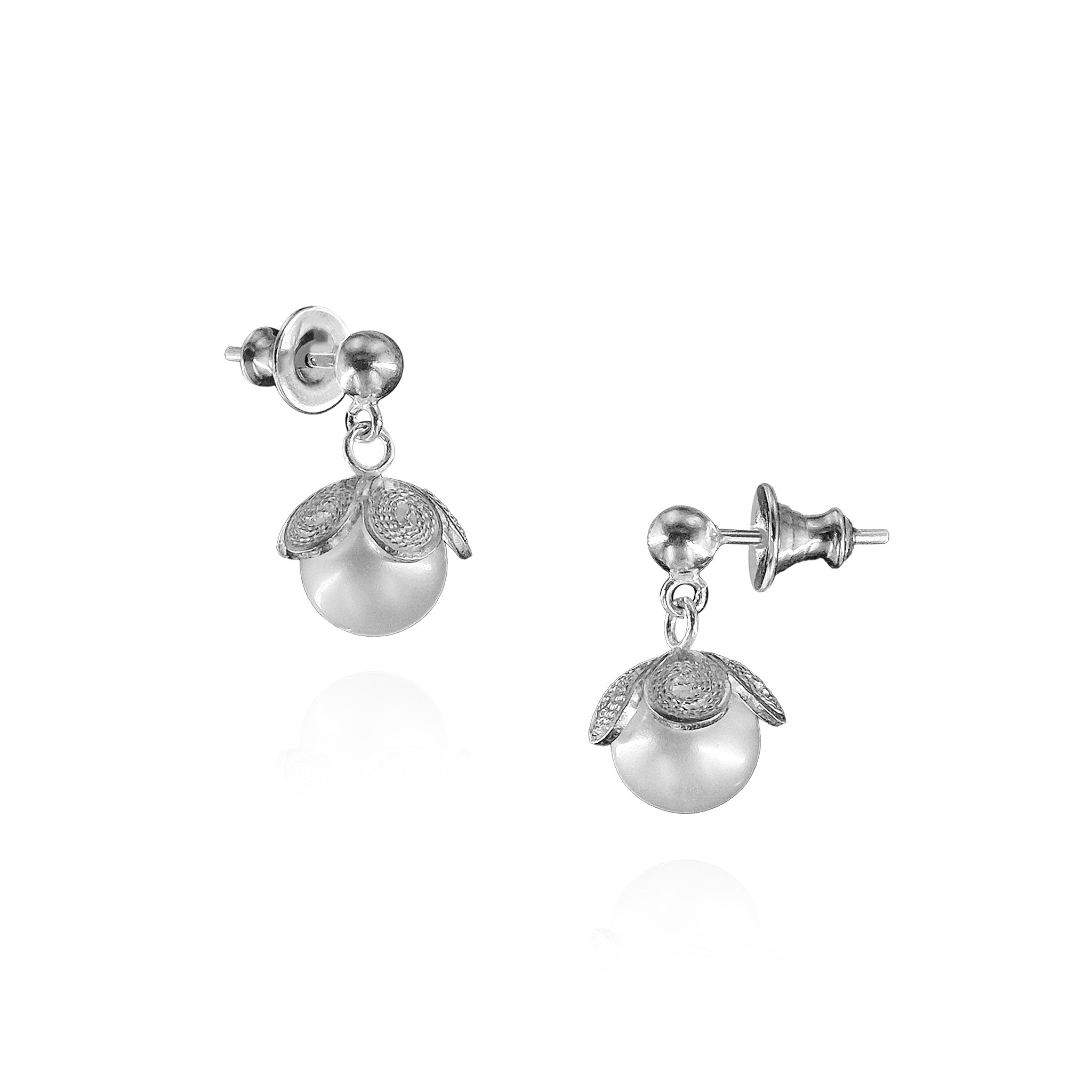 Phlox Filigree Dangling Ear Studs in Sterling Silver with Pearl