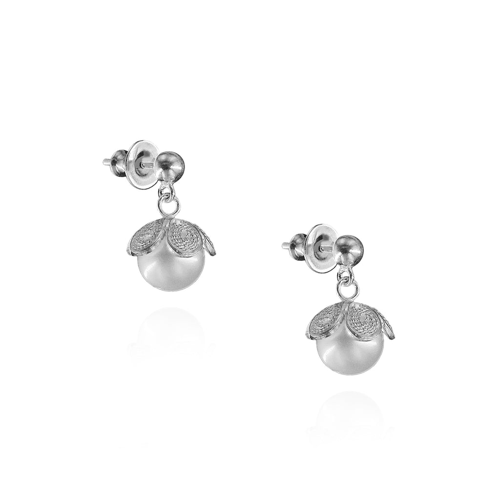 Phlox Filigree Dangling Ear Studs in Sterling Silver with Pearl