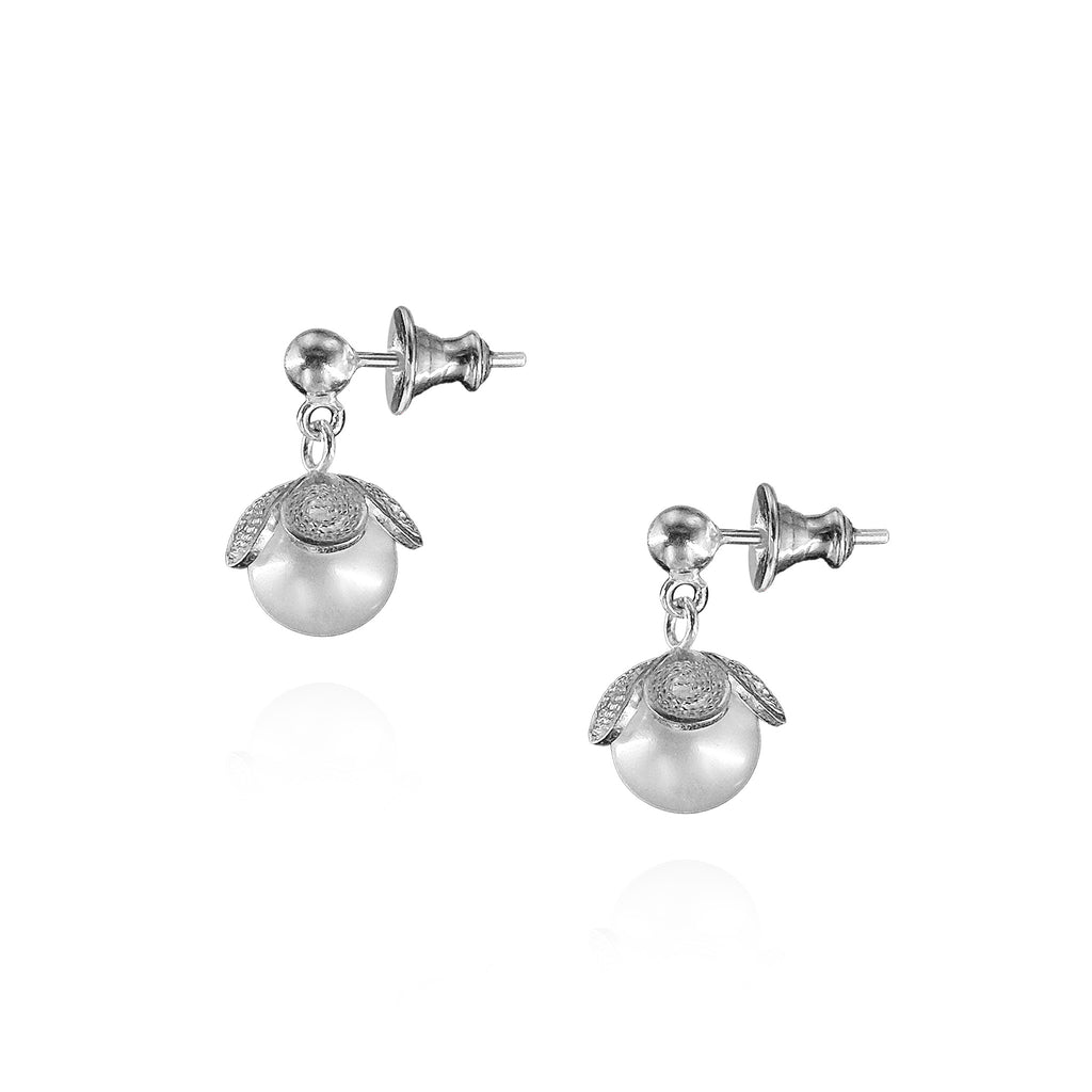 Phlox Filigree Dangling Ear Studs in Sterling Silver with Pearl