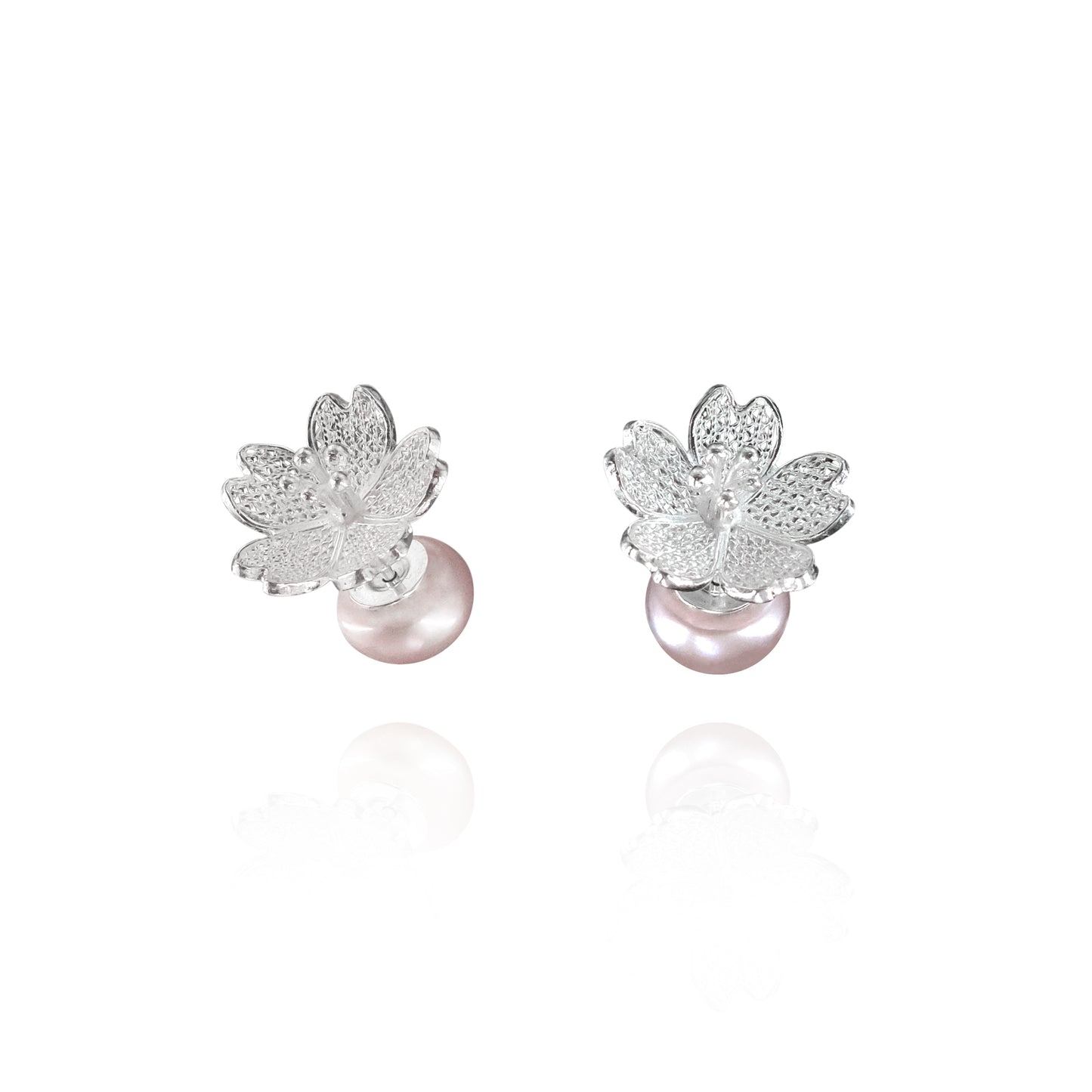 Prunus Filigree Ear Studs with Pearl Backings in Sterling Silver