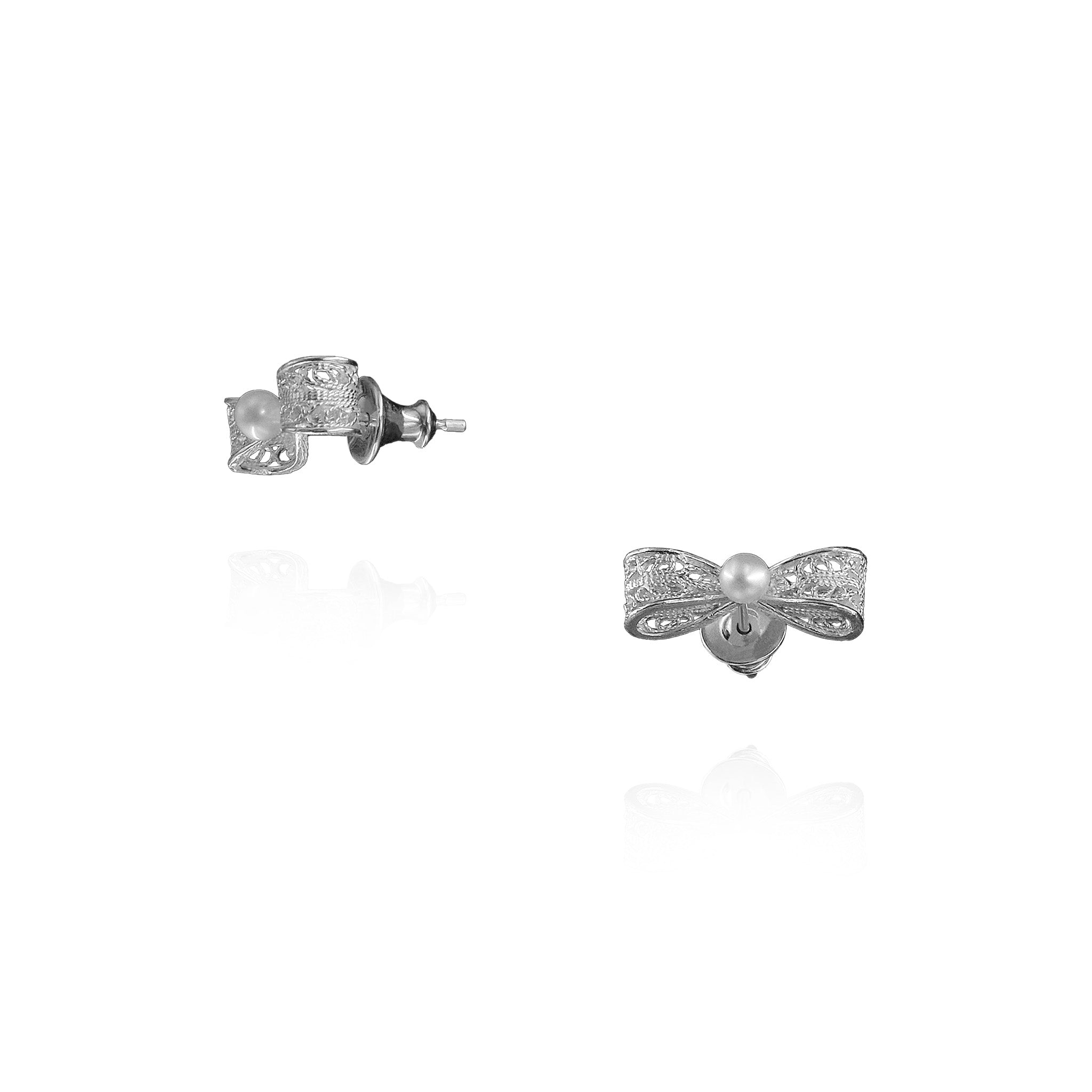 Filigree Ribbon Stud Earrings in Sterling Silver with Pearl