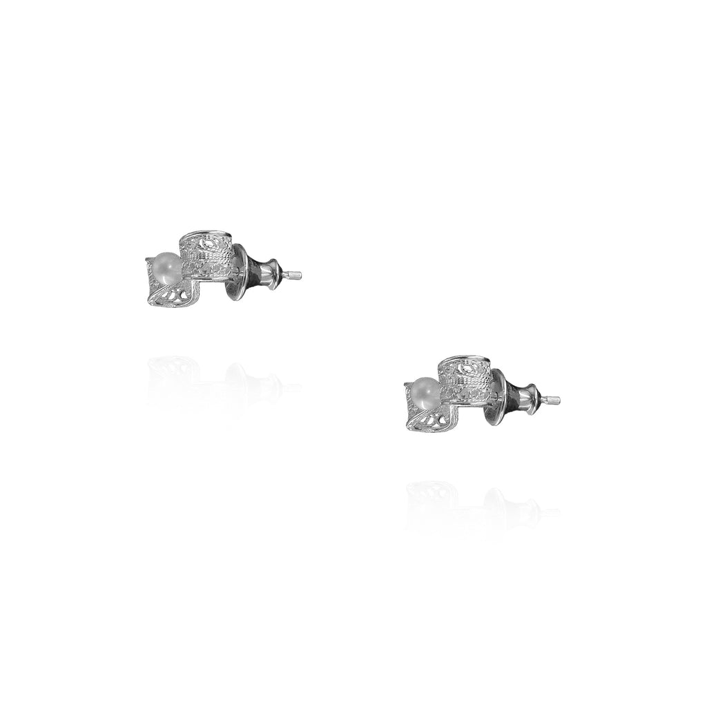 Filigree Ribbon Stud Earrings in Sterling Silver with Pearl