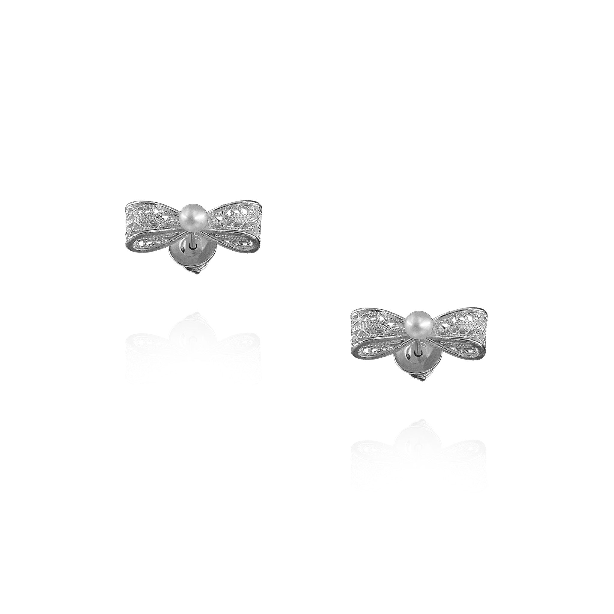 Filigree Ribbon Stud Earrings in Sterling Silver with Pearl