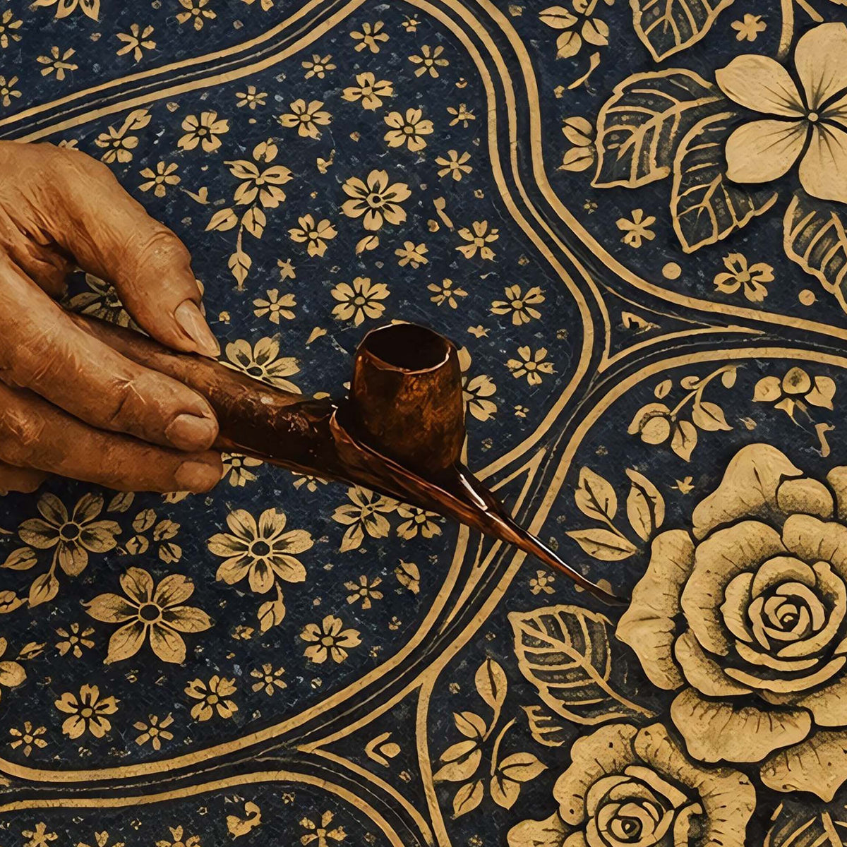 Hand holding a pipe on a floral-patterned fabric