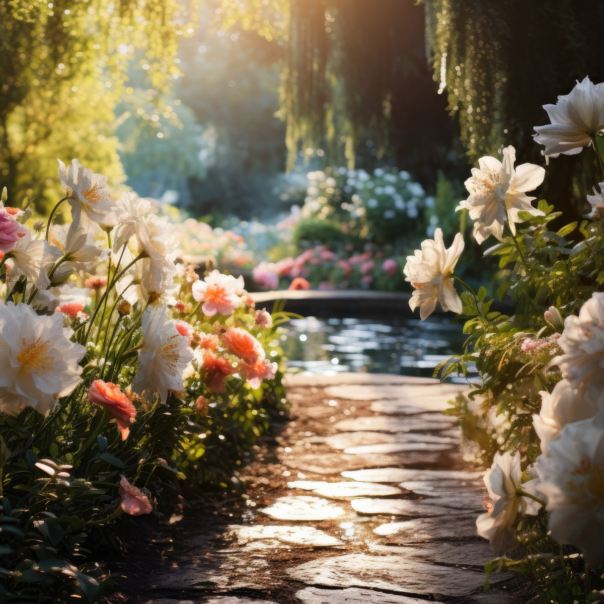 Floral garden with a wooden path leading through flowers
