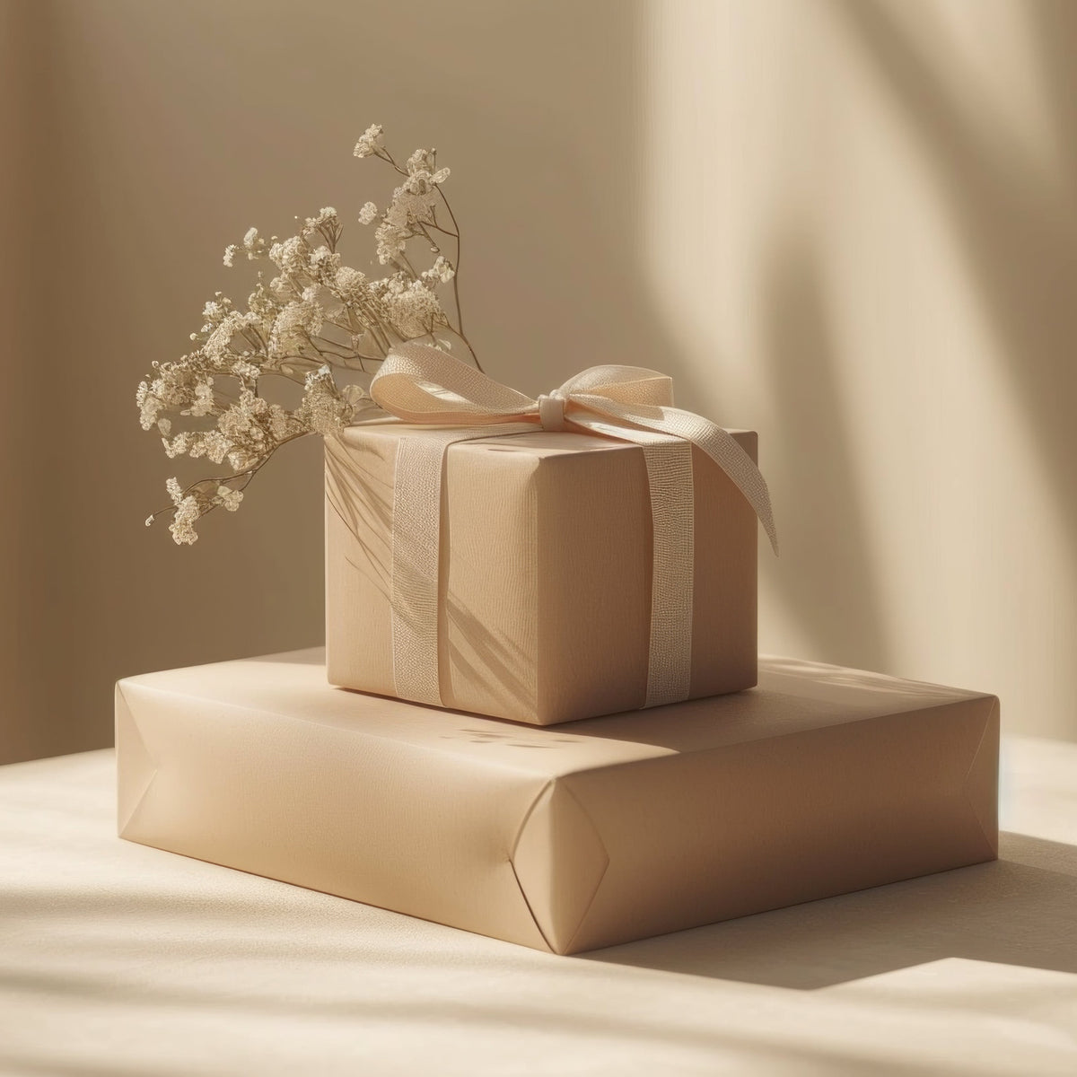 Two wrapped gifts with a small bouquet of flowers on a neutral background